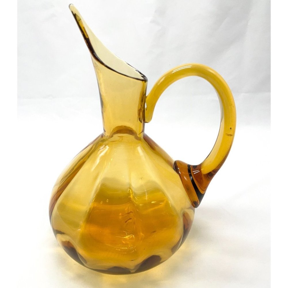 Rainbow Glass Amber Pitcher- Ribbed - Hand Blown Optic Art Glass- MCM - Pontil